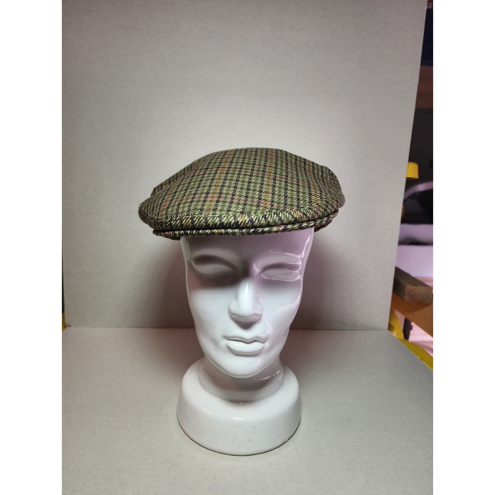 Barbour Mens Wool Flat Cap Made in England Green Plaid Driving Hat 7 3/8 60cm
